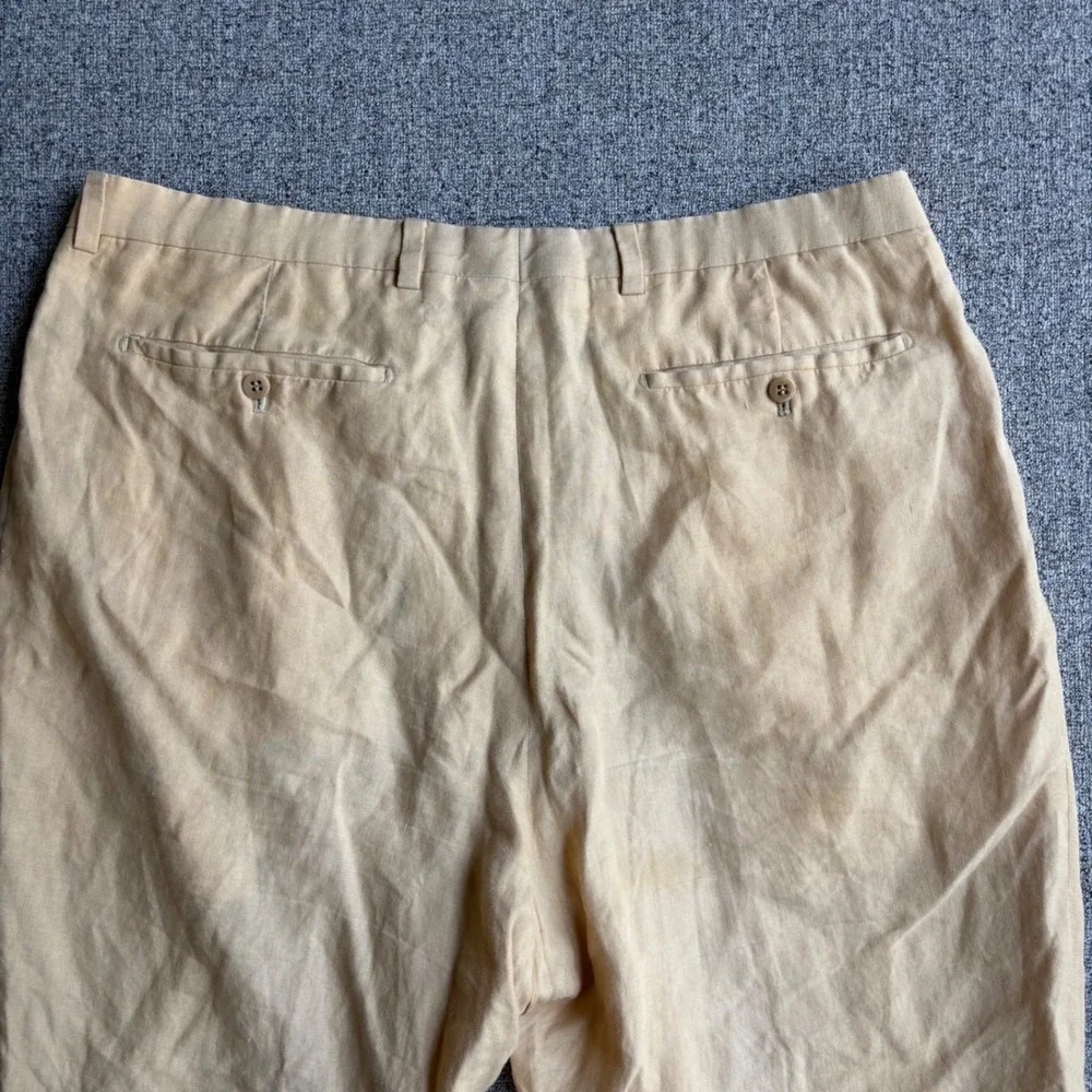 Burberry Pants Mens 36 Yellow Tan London Pleated Linen Straight Leg